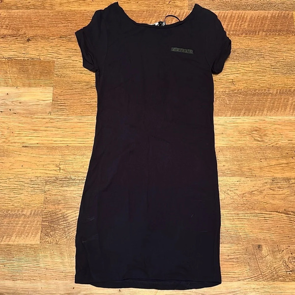 Sandro Navy Blue Scoop Neck Short Sleeve Dress Lace Up Back FF - Picture 1 of 4